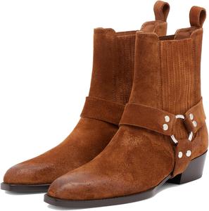 Женские ботильоны YIYA с заостренным носком, пряжкой и западным стилем, мотобайкерские, на массивном низком каблуке, осенние короткие ботинки, без застежки, Brown