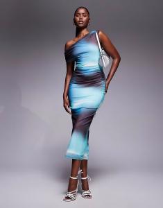 Платье миди River Island с асимметричной драпировкой и сетчатым лифом в цвете омбре-синего цвета