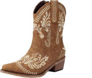 Женские западные ботильоны с острым носком, ковбойские сапожки с бахромой или блестящими стразами, модные короткие ботинки для повседневной носки AIWGLESOLE, Tan