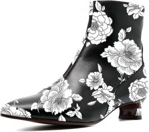 Женские модные ботильоны Zszszsu с заостренным носком, удобным низким каблуком, короткие ботинки на молнии с боковой застежкой, для вечеринок, платьев, осенняя обувь, размер 4-16 US, Black-White Flower
