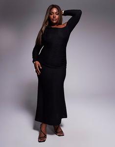 Длинное платье-футляр ASOS DESIGN Curve с длинными рукавами, вырезами и завязками из фактурной ткани черного цвета ASOS Curve