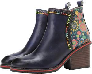 Женские ручные ретро-сапоги на высоком каблуке из овчины, красочная роспись, металлический стиль - модные, удобные, прочные, уникальный стиль меньшинств Riutiru, Dark Blue