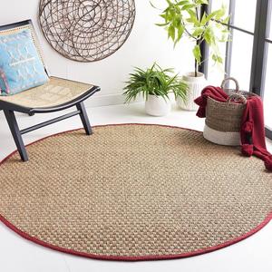 Ковер SAFAVIEH, 244 x 244 см, круглый - коллекция Natural Fiber - большой - Natural & Red, Seagrass, узор Basketweave с бордюром (NF114D)