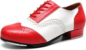 Мужские тап-туфли из кожи с низким каблуком, броги, на шнуровке, удобные для танцев Hiuzylqx, белый/красный