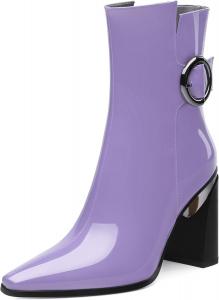 Женские ботильоны, лаковые с заостренным носком, боковой молнией и высоким каблуком, короткие ботинки, женские ботинки на массивном каблуке, удобные ботинки 3,5 дюйма Heisnemca, Lavender Patent