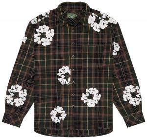 Denim Tears Джинсовая рубашка с принтом "Слезы" из хлопка, венок, фланелевая рубашка в клетку, зеленая