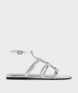 Сандалии с Т-образным ремешком и бантом, украшенные драгоценными камнями Charles & Keith, цвет Silver