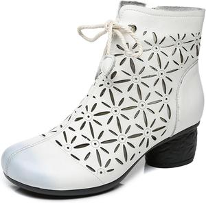 Женские кожаные ботильоны с кружевами и вырезами, удобный круглый носок, дышащие, на массивном каблуке, мягкая подошва, боковая молния, повседневные и деловые ботильоны DirraBra, White