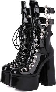 Женские ботильоны на платформе Erocalli в готическом стиле с массивным каблуком, высокой шпилькой, цепочками и крупным размером, 5-Black Patent