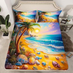 Erosebridal Комплект постельного белья Coastal Beach с тропическим принтом пальм и морских ракушек в голубых тонах, Yellow Blue Green