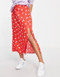 Юбка миди с разрезом и красной розой на пуговицах Miss Selfridge