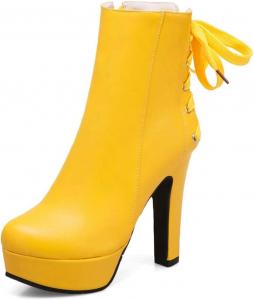 Женские модные ботильоны VOKLIN на платформе с высоким каблуком, круглый носок, шнуровка и молния, элегантные короткие ботинки, Yellow-Velvet Lined