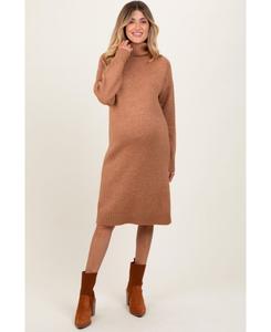 Платье-свитер миди бордового цвета для беременных с высоким воротником и боковым разрезом Pinkblush, Camel