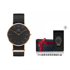 DW/DanielWellington Часы Daniel Wellington Wrist Watch Quartz Movement Nylon Strap Black Dial Men's Watch DW Watch, Available In Box, Black Dial-Black Strap with Rose Gold Frame