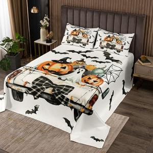Erosebridal Комплект постельного белья Halloween Bat Queen с принтом тыкв, паутины и летучих мышей для детей, White Black Orange