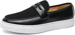 Мужские лоферы из замши и кожи с отделкой под пенни - удобный круглый носок, без шнурков, противоскользящая резиновая подошва - премиальная обувь для деловых встреч, ежедневных поездок на работу и вождения Kpdwfms, черный