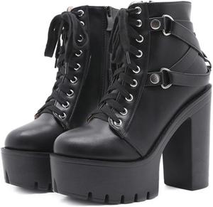 Женские ботильоны на платформе с высоким блочным каблуком, шнуровкой, круглым носком и боковой молнией, удобная обувь MTETM, Black