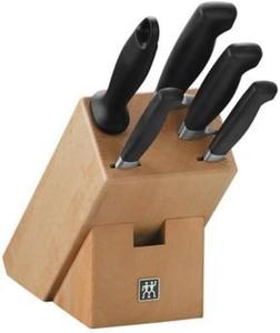 Набор из 6 ножей Zwilling Four Star Knife Block, подставка из букового дерева, ножи и точильный стержень, рукоятка из нержавеющей стали и эргономичного пластика, черный [Сделано в Германии]