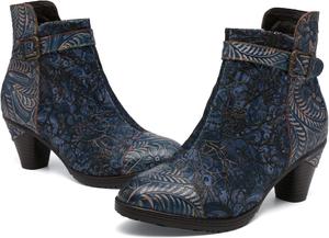 Женские кожаные ботильоны CrazycatZ, винтажные ботинки с цветочным бохо-каблуком, Jean Blue