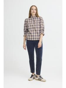 Блузка с длинными рукавами PZEVIE, классический крой, бежево-темно-синяя клетка Pulz