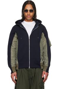 Sacai Худи из ткани «губка» темно-синего и хаки цвета «губка» и нейлоновой саржи