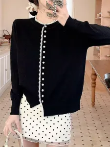 Женский вязаный топ с отделкой из пуговиц, напоминающих жемчуг Doux Belle, цвет Black