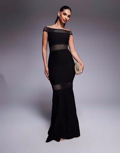 Goddiva Облегающее макси-платье с открытыми плечами в рубчик черного цвета