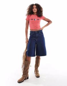 Джинсовые шорты из хлопка на лиоцелле, широкая, синего цвета Cotton On