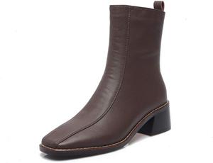 Женские сапоги TinaCus из натуральной кожи с квадратным носком, боковой молнией, ручной работы, невысоким массивным каблуком и средней высоты голенища, Brown
