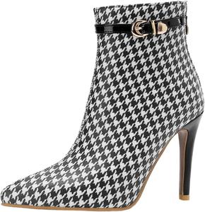 LYYSKY Женская мода Ботильоны на высоком каблуке 10 см Клетчатые с короткой голенью Застежка-молния сзади Заостренный носок Декор металлической пряжкой Туфли-лодочки на шпильке, Black
