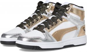 Кроссовки PUMA Kids  Rebound Layup Mid Shoes, Puma White/Puma Gold/Puma Silver