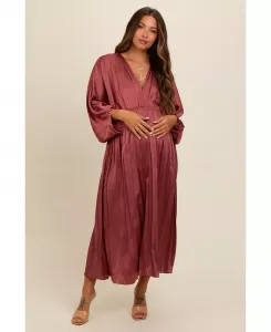 Беременное платье макси с V-образным вырезом и плиссированной юбкой из сатина цвета лесной зелени Pinkblush