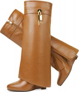 Сапоги с отворотом для женщин, острый носок, на танкетке, до колена, с боковой молнией и декоративным замком CDHYX, Yellow