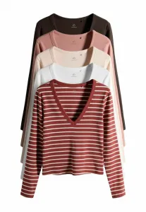 Комплект из 5 футболок с длинными рукавами и v-образным вырезом, стандартного кроя. The Set, Pink Brown Stripe