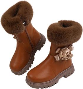 Детские зимние ботинки для девочек с модной теплой меховой подкладкой, противоскользящие, на утолщенной подошве с каблуком, уютные ботильоны до середины голени для улицы Generic, Coffee