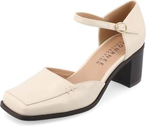 Туфли Journee Collection для женщин с ремешком и пряжкой, открытым квадратным носком, массивным каблуком и подошвой с комфортной пеной Evangeline, бежевый