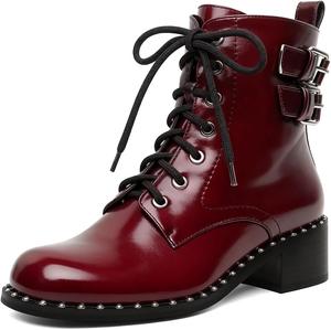 Женские массивные боевые ботинки на шнуровке, с пряжками, заклепками, низким массивным каблуком, повседневные короткие ботильоны Jaffamiraco, Burgundy B