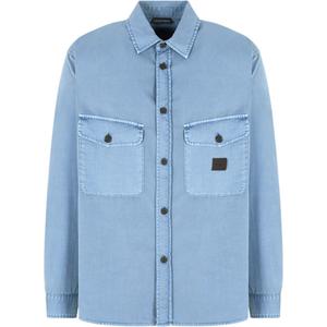 Рубашка комфортного кроя с карманами из постиранной твилловой ткани EMPORIO ARMANI, синий