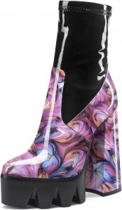 Женские ботильоны на платформе Aachcol с толстым каблуком, высокой пяткой, коротким голенищем, молнией, округлым закрытым носком, лакированные, каблук 5,5 дюйма, Purple Multicolor