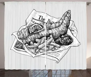 Штора ABAKUHAUS Coal Grey Rustic, с рисунком вкусной рыбы и жареного картофеля, универсальная тесьма для гостиной с петлями и крючками, 280 x 225 см, белая Abakuhaus