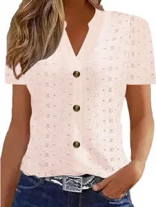 Летняя блузка с люверсами для женщин, повседневная, на пуговицах, V-образный вырез