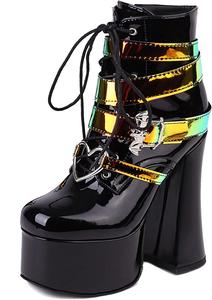 Женские ботильоны на платформе Erocalli в готическом стиле с массивным каблуком, высокой шпилькой, цепочками и крупным размером, 2Color Black