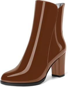 Женские офисные ботильоны NUMALEO с круглым носком, на молнии, лаковые, с высоким блочным каблуком 3,3 дюйма, Brown