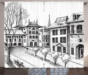 Шторы ABAKUHAUS Rustic City, Осень в старом европейском городе, универсальные ленточные шторы для гостиной с петлями и крючками, 280 x 225 см, цвет: антрацитово-серый/белый Abakuhaus