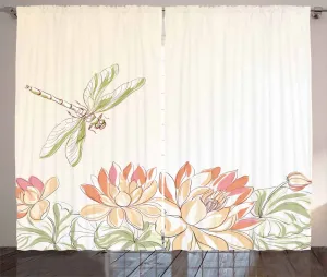 Штора ABAKUHAUS "Стрекоза", цветочное поле лотоса, универсальная ленточная штора для гостиной с петлями и крючками, 280 x 245 см, цвет: кремовый, персиково-коралловый