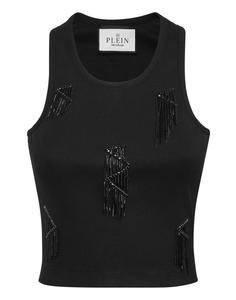 Майка из трикотажа в рубчик с бахромой PHILIPP PLEIN, черный
