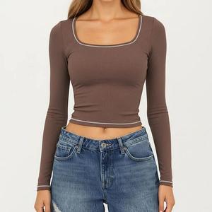 Женский длинный рукав укороченный топ с V-образным вырезом, контрастной отделкой и гладкой эластичной посадкой Anna-Kaci, Brown