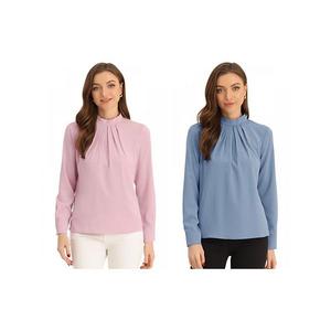 2 упаковки женской блузы с воротником-стойкой из шифона на осень-зиму, длинный рукав, для офиса и повседневной носки Inspire Chic, Pink Grey Blue