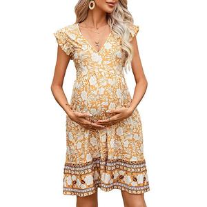 Платье миди для беременных с V-образным вырезом, короткими рукавами с оборками и цветочным принтом, струящееся. Clearflower, Yellow