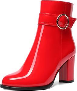 Женские повседневные ботильоны MODENCOCO с круглым носком, боковой молнией, модным дизайном, комфортные лакированные на высоком блочном каблуке 3,5 дюйма, Red
